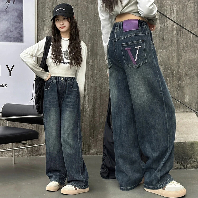 女童牛仔裤春秋新款儿童洋气直筒阔腿裤中大童学生秋装宽松长裤子