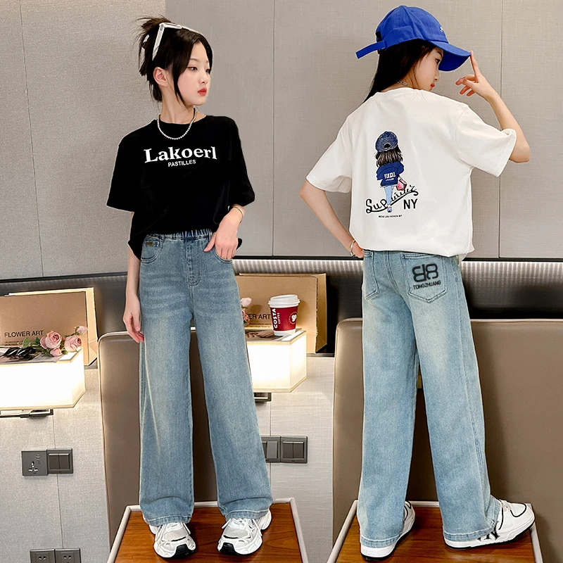 女童夏装套装2025新款中大儿童洋气短袖t恤牛仔裤两件套小女孩薄