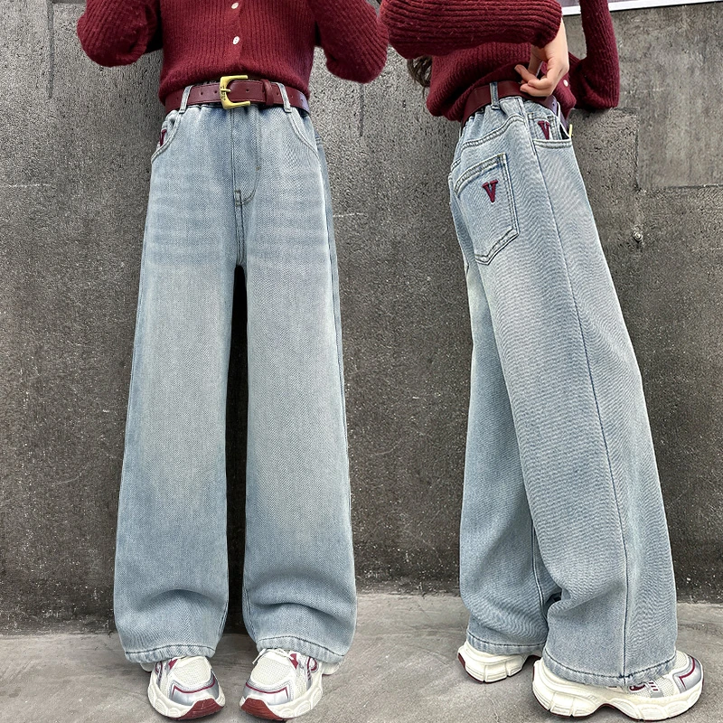 女童窄版阔腿裤秋冬2024冬季6-12岁15岁中大童牛仔裤炸街加绒裤子