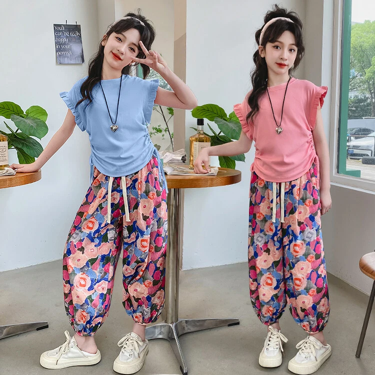 女童花边抽绳T桖碎花防蚊裤套装2024新款中大儿童休闲洋气两件套