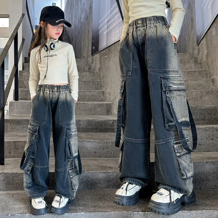 女童阔腿裤2024秋季中大童新款工装牛仔显瘦休闲百搭宽松时髦长裤