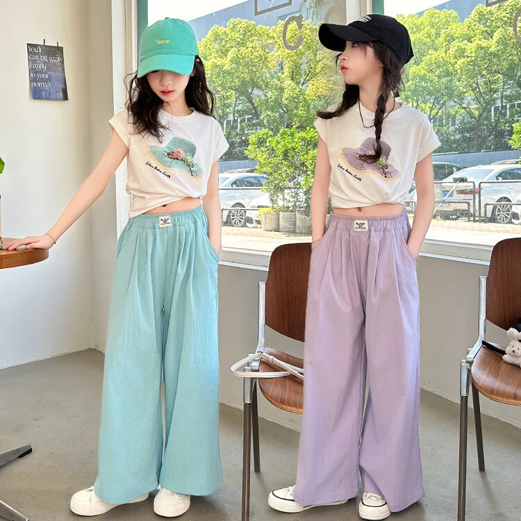 女童短袖T恤阔腿裤套装2024新款夏季中大童女孩防蚊裤洋气两件套