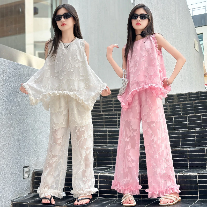 花边蕾丝提花套装女童洋气夏季可盐可甜度假风休闲薄而不透时尚