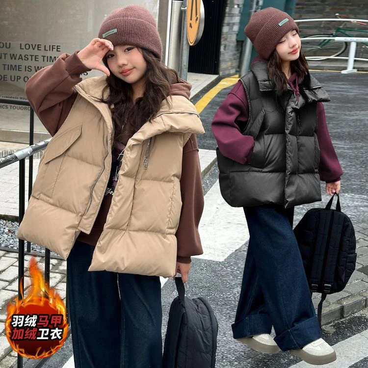 女童冬季羽绒服马甲2024新款6-12岁15岁中大童洋气休闲加厚卫衣潮