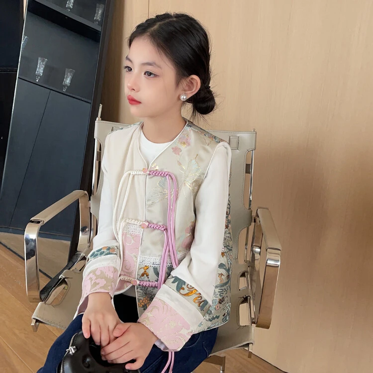 女童长袖打底衫春季2024新款中大童新中式马甲国潮套装