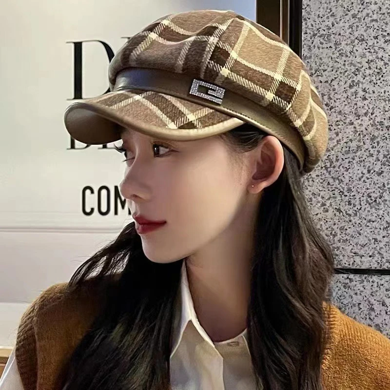 英伦格子气质毛呢八角帽女秋冬季百搭时尚贝雷帽复古学院报童帽子