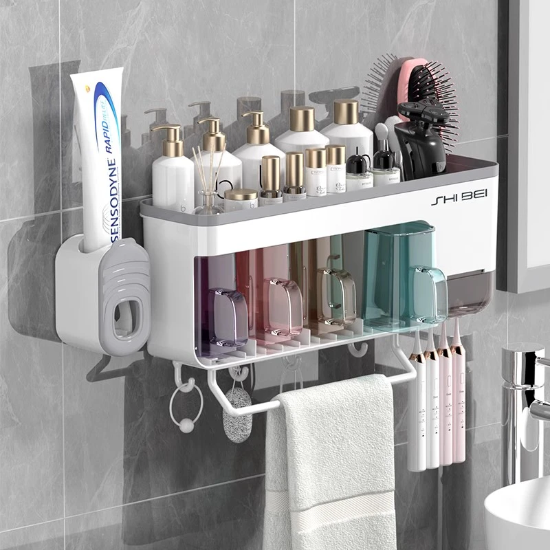 数家珍牙刷置物架壁挂式收纳免打孔挤牙膏器卫生间漱口杯家庭套装