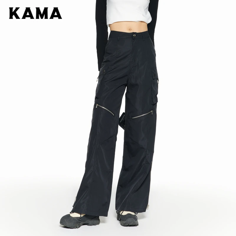 KAMA/卡玛2023秋季新品复古拉链多口袋工装宽松休闲裤女款7223381