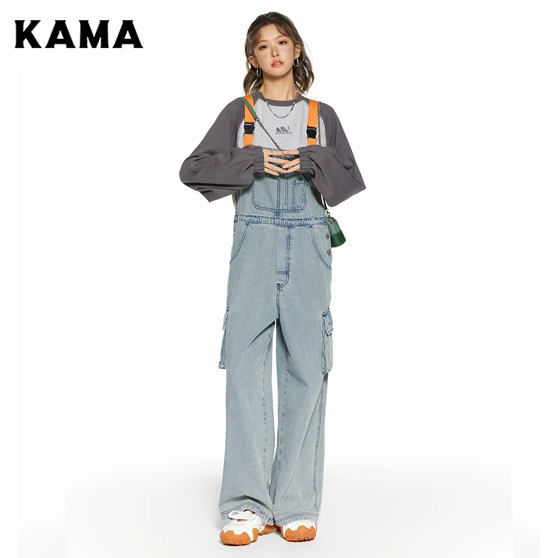 KAMA/卡玛2023秋季新款直筒街头风牛仔美式女宽松背带裤7323358