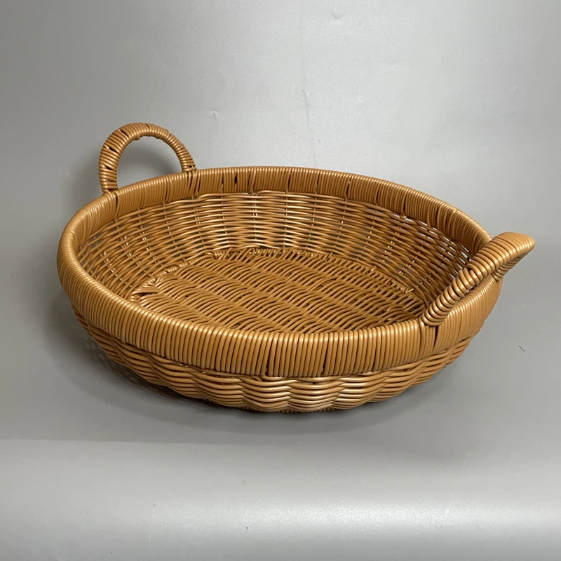 H61圆形果盘带把手32x8纯手工家用仿藤沥水篮点心饼干客厅餐桌篮