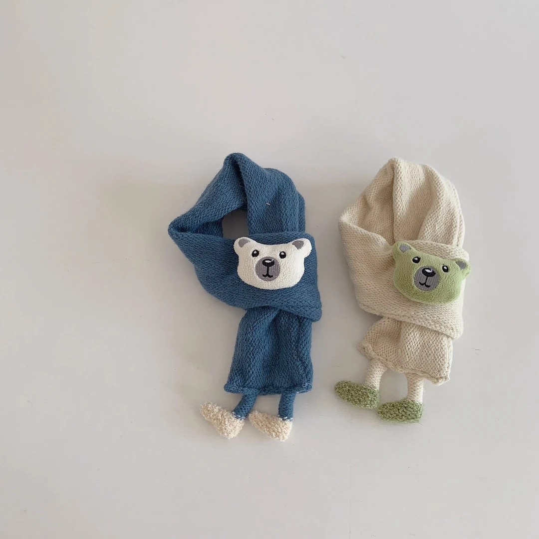 婴儿超萌可爱小熊围巾儿童针织交叉围脖秋冬男女宝宝保暖毛线围巾