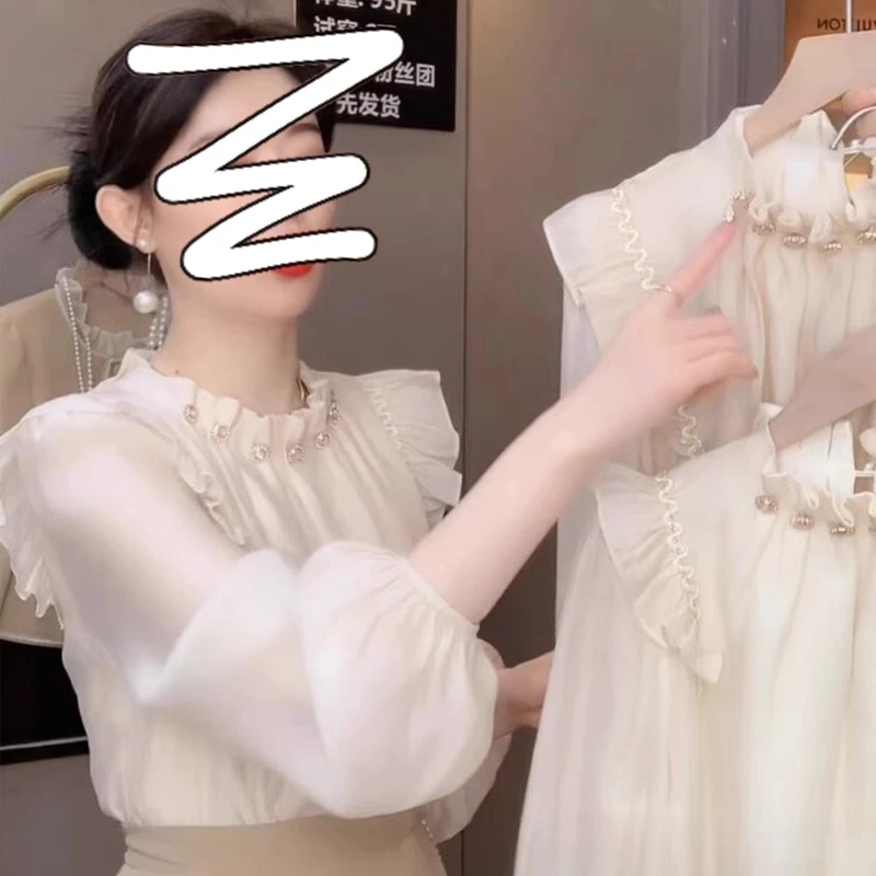 圆领泡泡袖夏季打底衫显瘦2025甜美褶皱气质衬衣时尚荷叶边衬衫