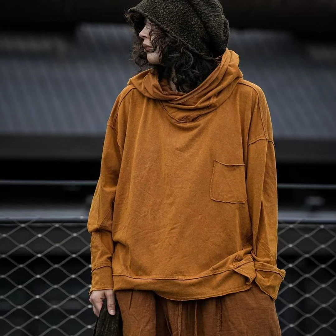 麻依者原创设计纯棉连帽卫衣长袖T恤复古百搭个性小众女M032