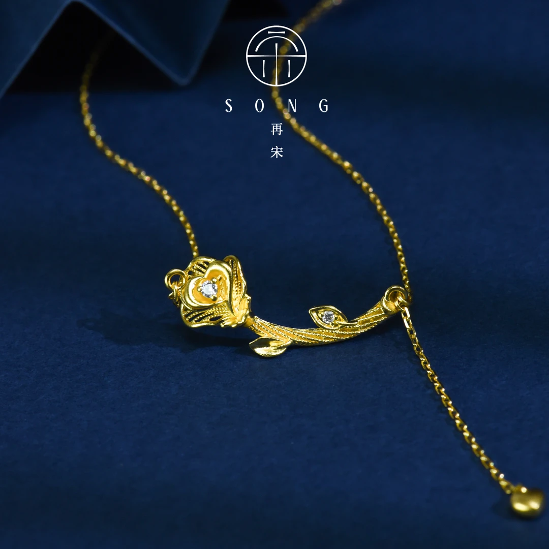 【宋世间・花月】华宋珠宝足金999黄金玫瑰钻石套链花月佳期精致时尚