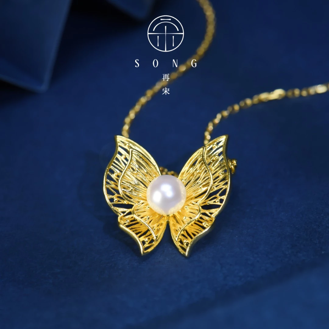 【如梦令・梦蕊】华宋珠宝足金999珍珠蝴蝶黄金花丝项链优雅时尚