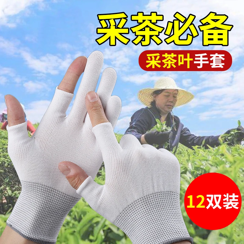 采茶叶手套女士干活露二指采茶打包劳保尼龙耐磨工作快递打包