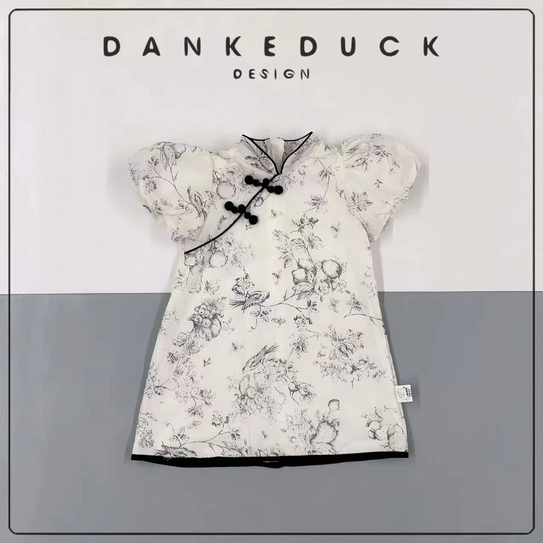 BH-40461-中国风女童盘扣裙子小孩子少女夏季复古印花连衣裙