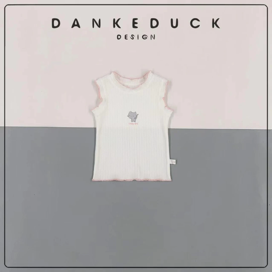 W-40358-女童24夏款洋气印花无袖上衣中小童休闲背心T恤