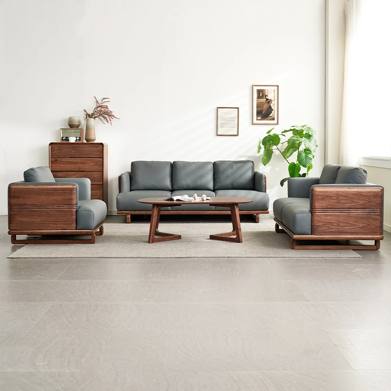 黑胡桃木真皮沙发意式简约轻奢三人位实木沙发组合安逸沙发