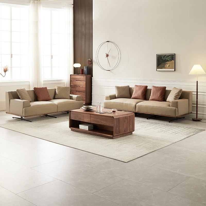 北欧意式轻奢实木沙发家用客厅现代简约北美黑胡桃木真皮沙发组合