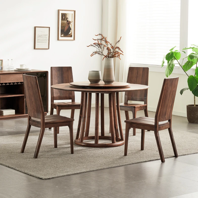 黑胡桃木圆餐桌现代简约全实木圆桌家用原木拾苑圆桌带转盘