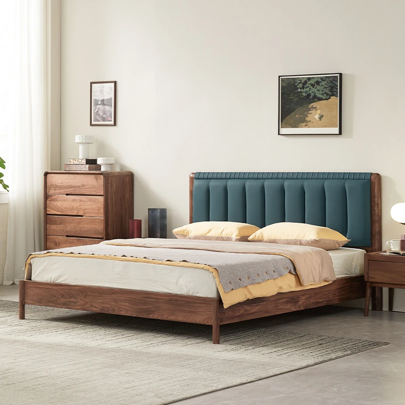 北美黑胡桃木床实木现代简约真皮软靠原木床1.5米1米8主卧双人床