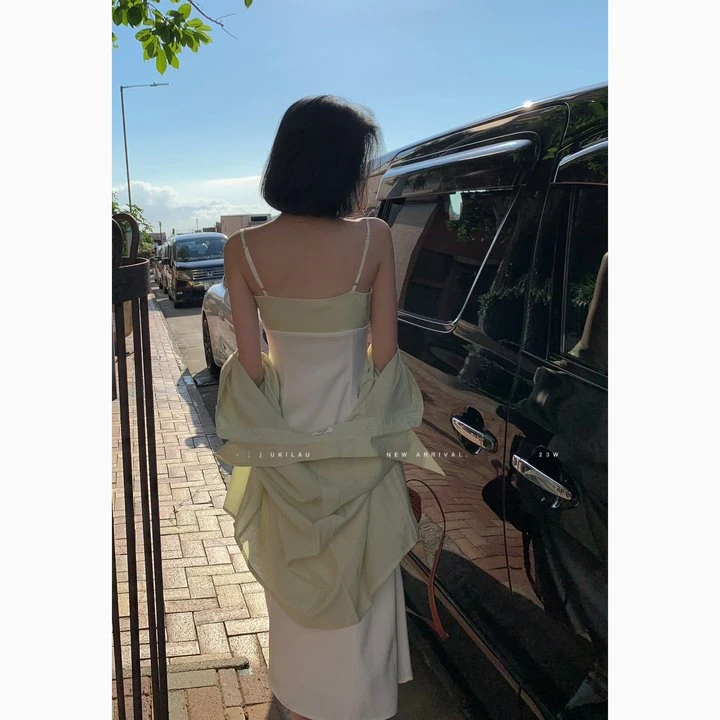 UKILAU只此青绿 拼接撞色设计感吊带连衣裙女夏季气质简约裙子