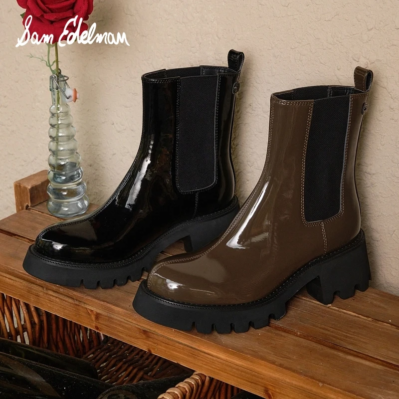 明星同款SAM EDELMAN山姆爱德曼冬黑色圆头切尔西漆皮短靴女AGNES