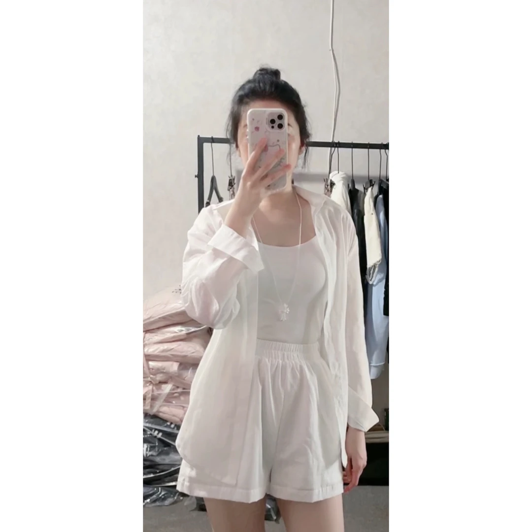 新款韩版宽松休闲慵懒长袖防晒白衬衫轻薄款棉麻衬衫短裤两件套女