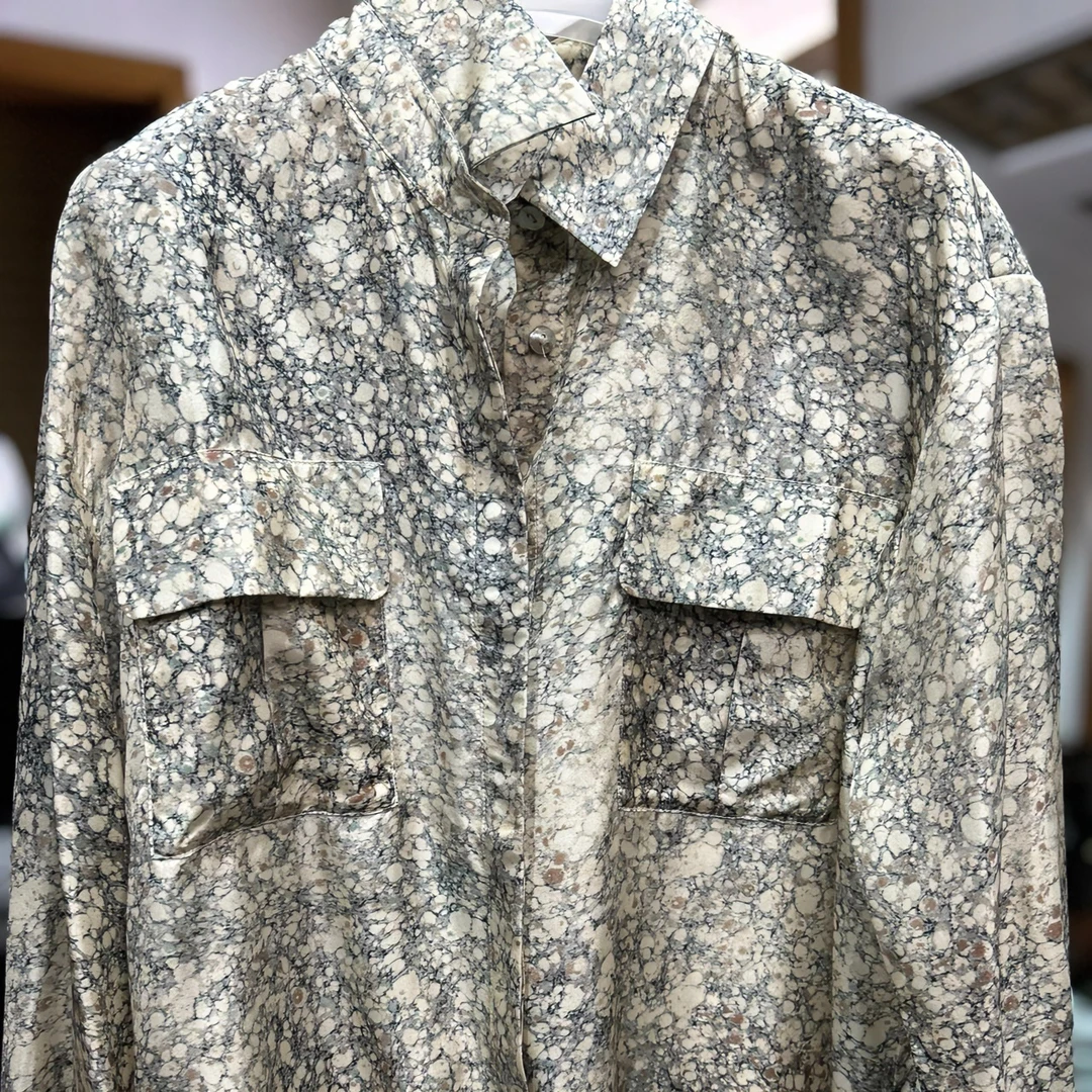 桑蚕丝 石头印花 常规时尚 休闲衬衣 设计感小众 长袖 气质方领