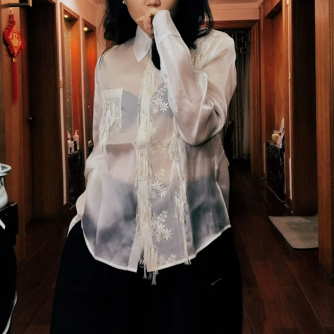 绣花拼接手工仙衬衣 珍珠白 设计师原创 小众 薄款 设计感满满