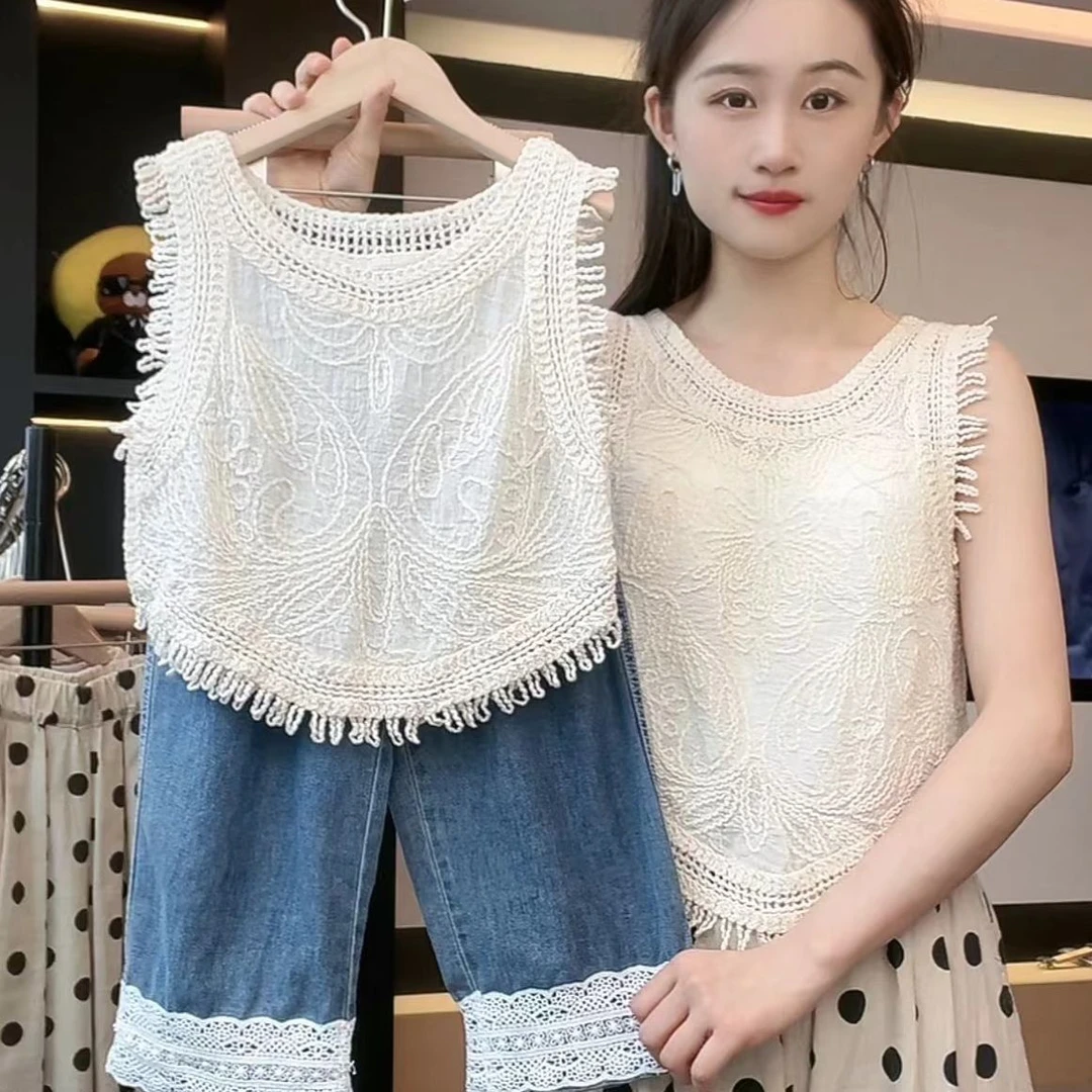 Q【现货】阿卷夏装儿童韩版时尚简约压花气质无袖小背心MPG4797