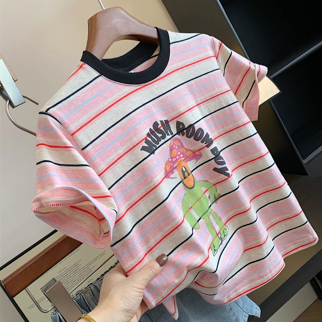女童短袖T恤2024夏中大童拼色彩条纹卡通字母印花圆领宽松休闲T恤