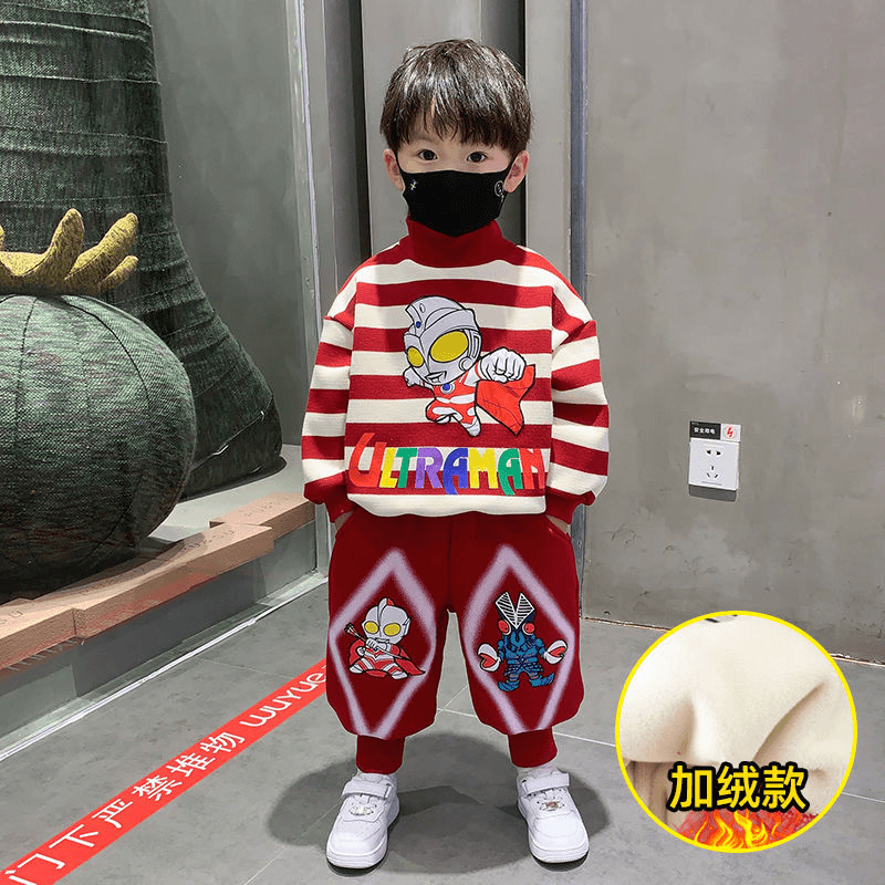 奥特曼童装男童加绒套装2023新款宝宝冬季卫衣儿童秋冬装加厚衣服