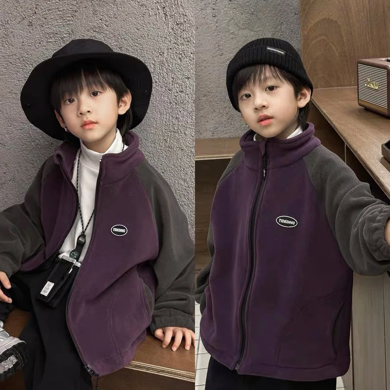 双面奥粒绒立领外套男童加绒外套儿童女童洋气双面加厚大童秋冬