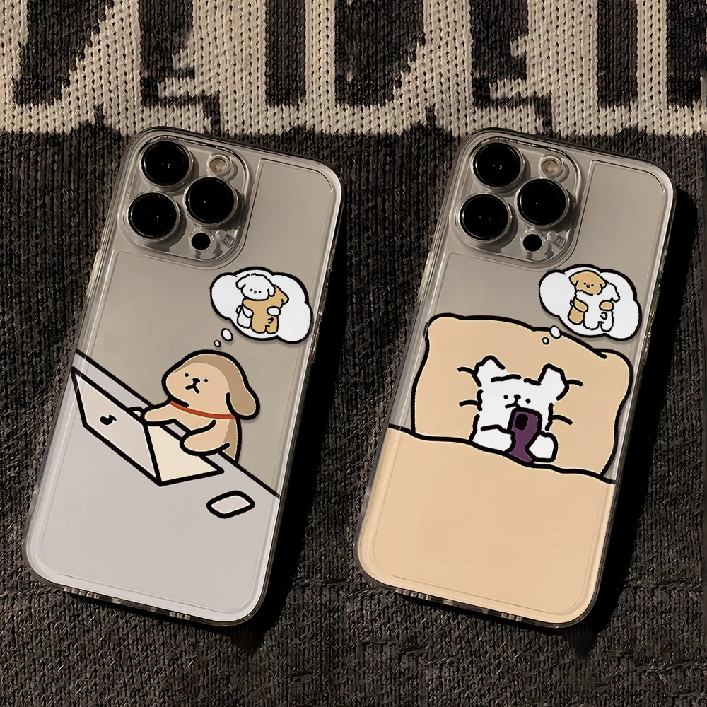 汉堡薯条线条小狗适用苹果13/14iPhone15promax手机壳情侣软闺蜜