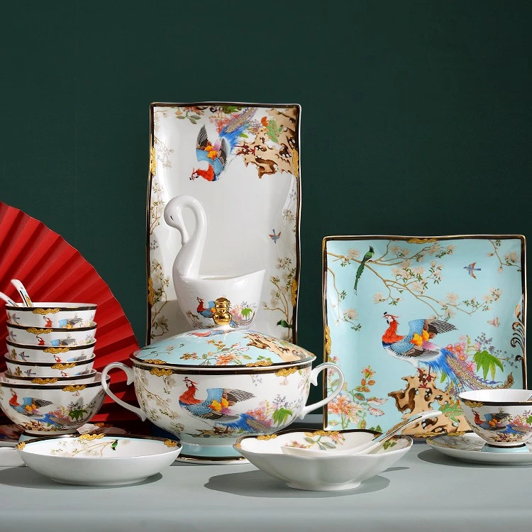 景德镇结婚乔迁家用实用中式礼品高端骨质瓷大套装百鸟朝凤皮箱版