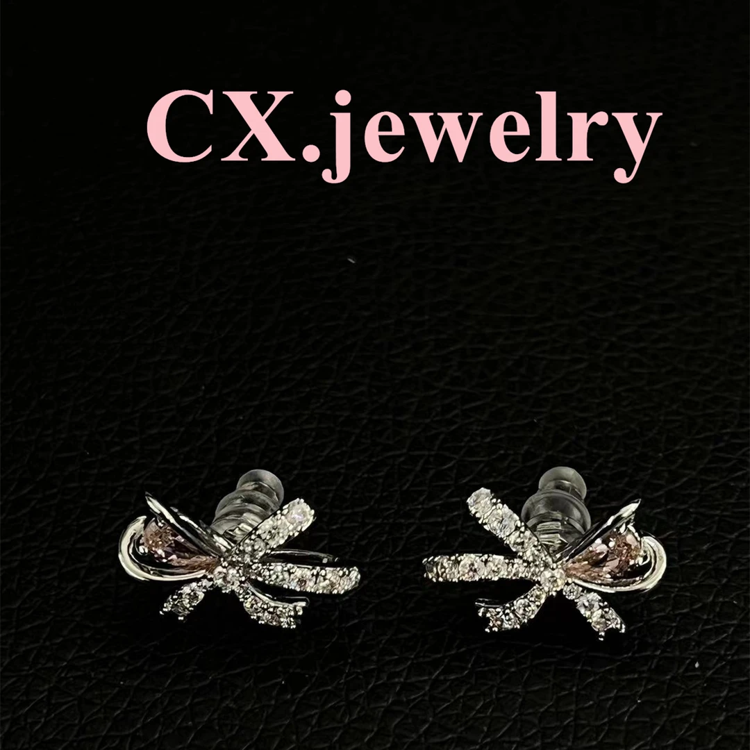 铜合金合成锆石耳饰 银色粉钻蝴蝶结耳钉6019