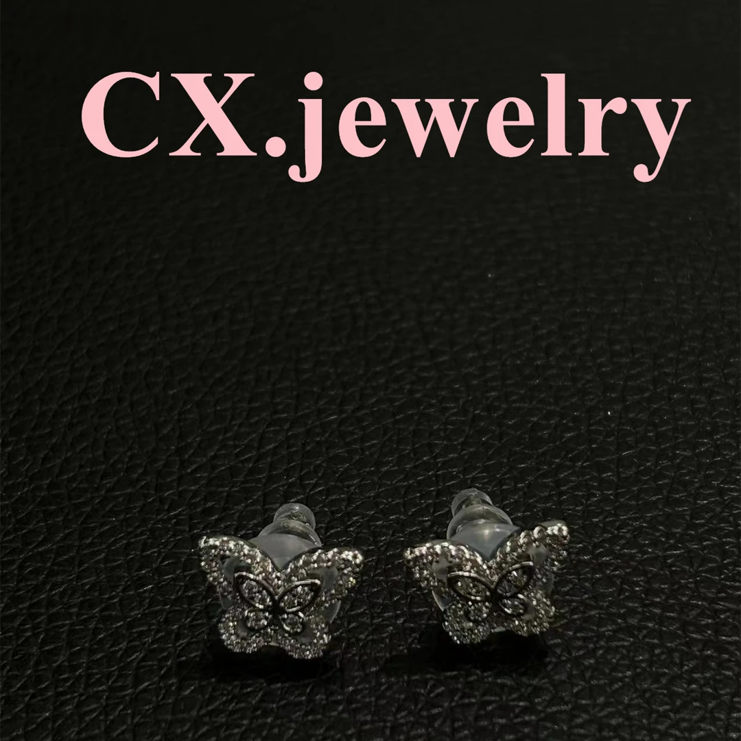 铜合金合成锆石耳饰 银色满钻蝴蝶耳钉8287