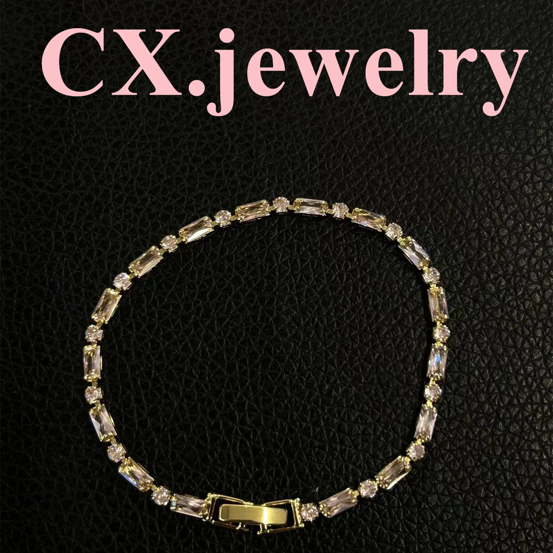 铜合金合成锆石手链 金色粉钻方形手链5127