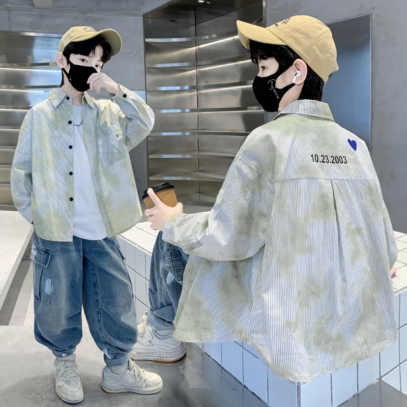 男童长袖衬衫外套春秋季中大童衬衣2025新款儿童秋装炸街条纹上衣