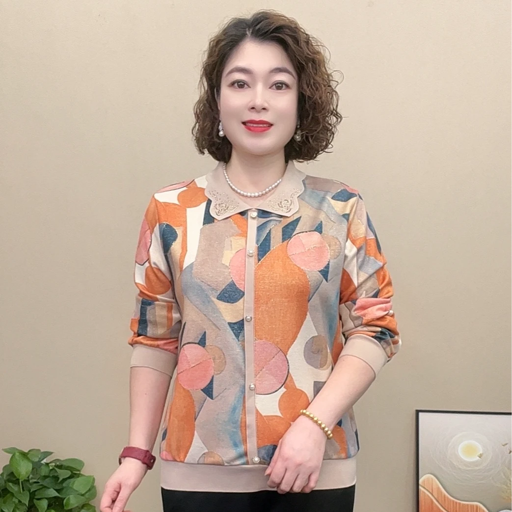 2024新款长袖翻领中老年妈妈装洋气气质显瘦时尚百搭显瘦宽松上衣