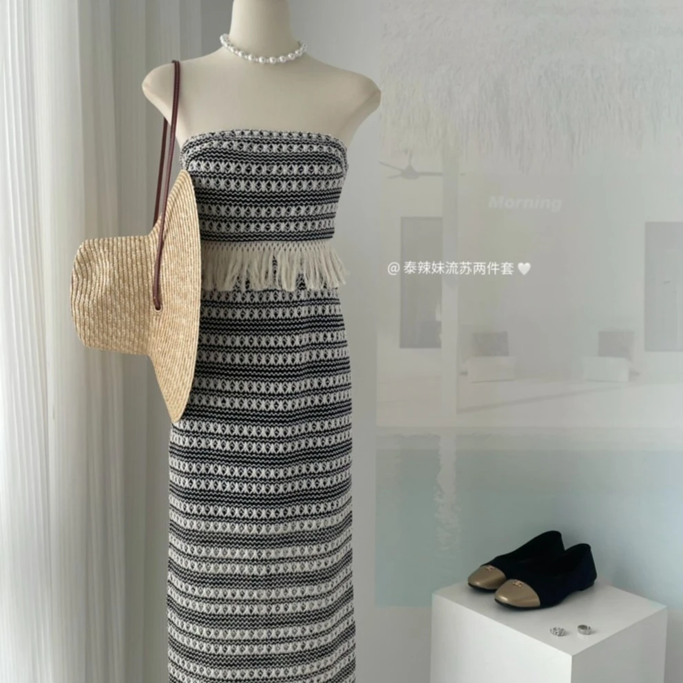 甜辣风炸街夏季套装女流苏边条纹针织抹胸背心上衣半身裙子两件套