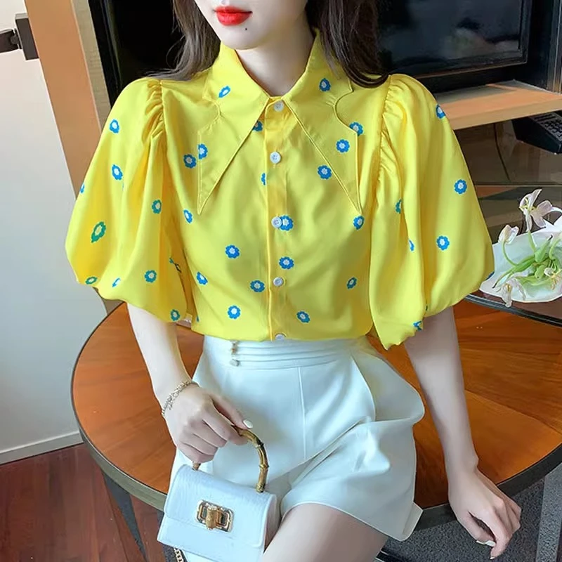 灯笼袖碎花黄色衬衫女2025年夏季新款设计感小众尖领上衣宽松衬衣