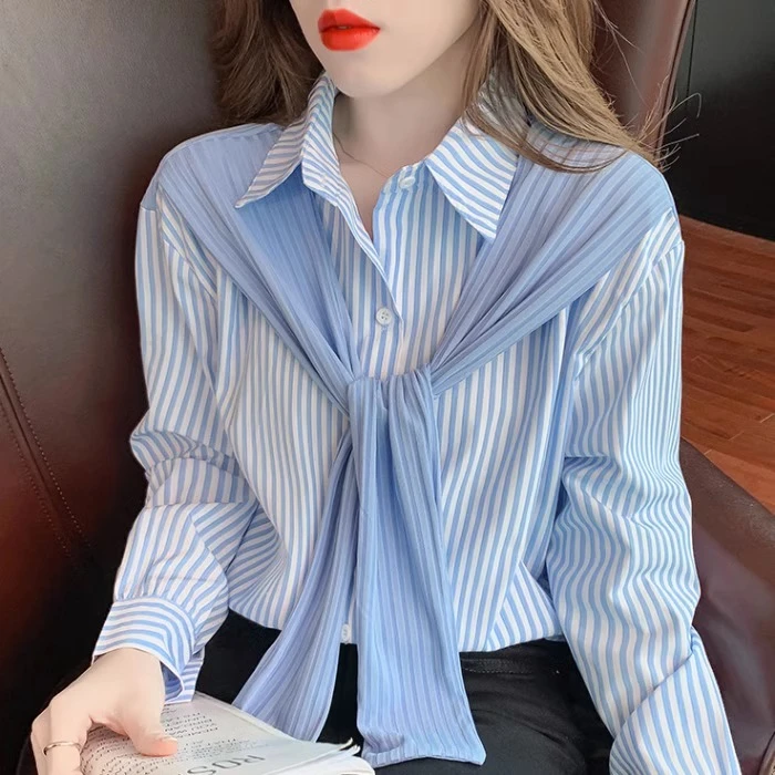 披肩假两件衬衫女新款2025年早春秋条纹设计感小众别致百搭上衣女