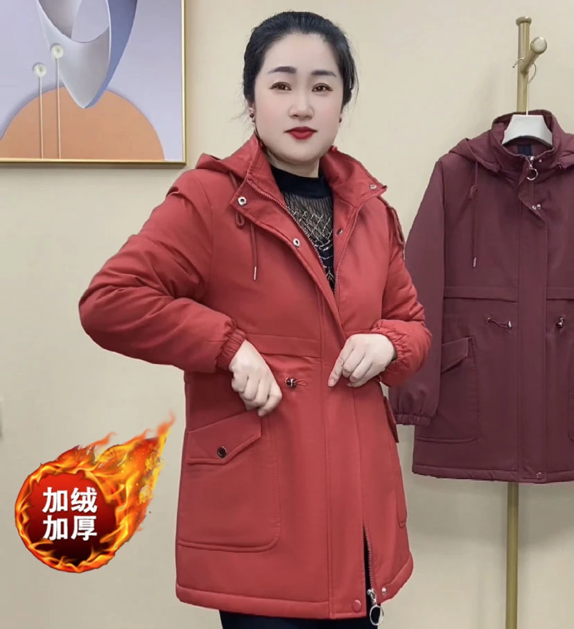 时尚洋气加绒加厚保暖中长款可脱卸帽中年妈妈装冬季棉服外套621