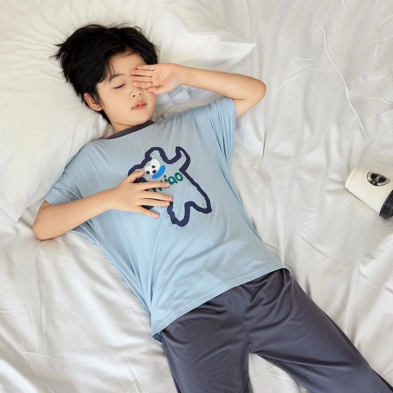 新款夏季儿童短袖宝宝男女童睡衣中大童大童家居服套装冰丝睡衣