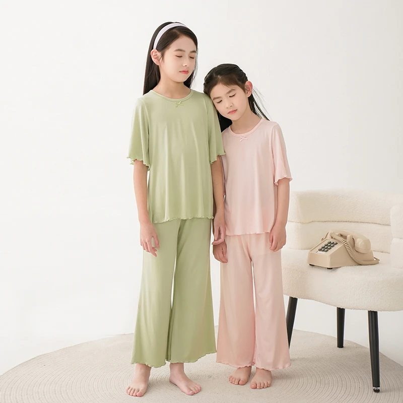 空气睡衣女童亲子家居服女孩短袖长裤套装可外穿薄款莫代尔空调服