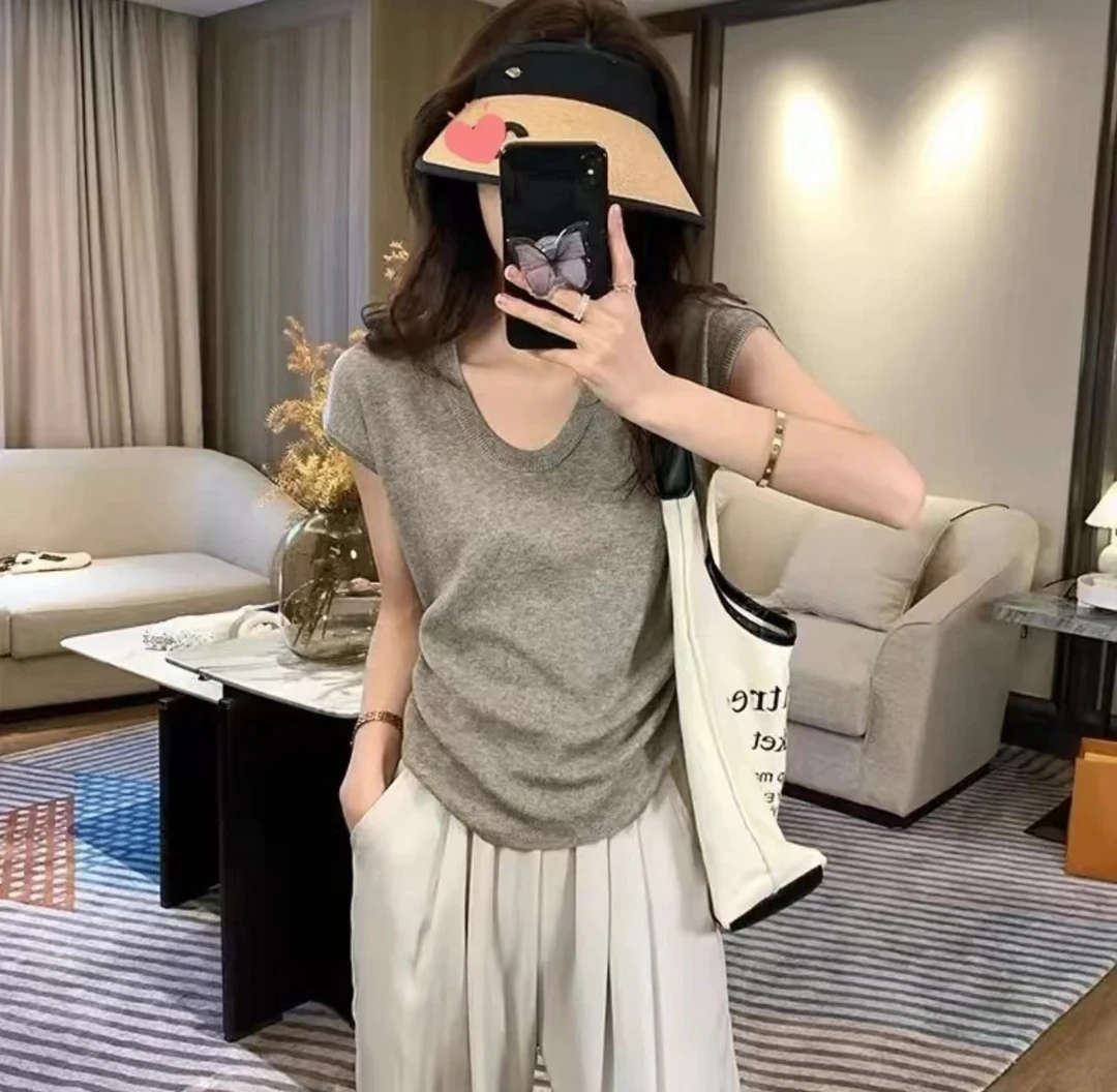 软糯薄款U领冰丝针织衫T恤女2024夏季新款修身半袖打底衫上衣