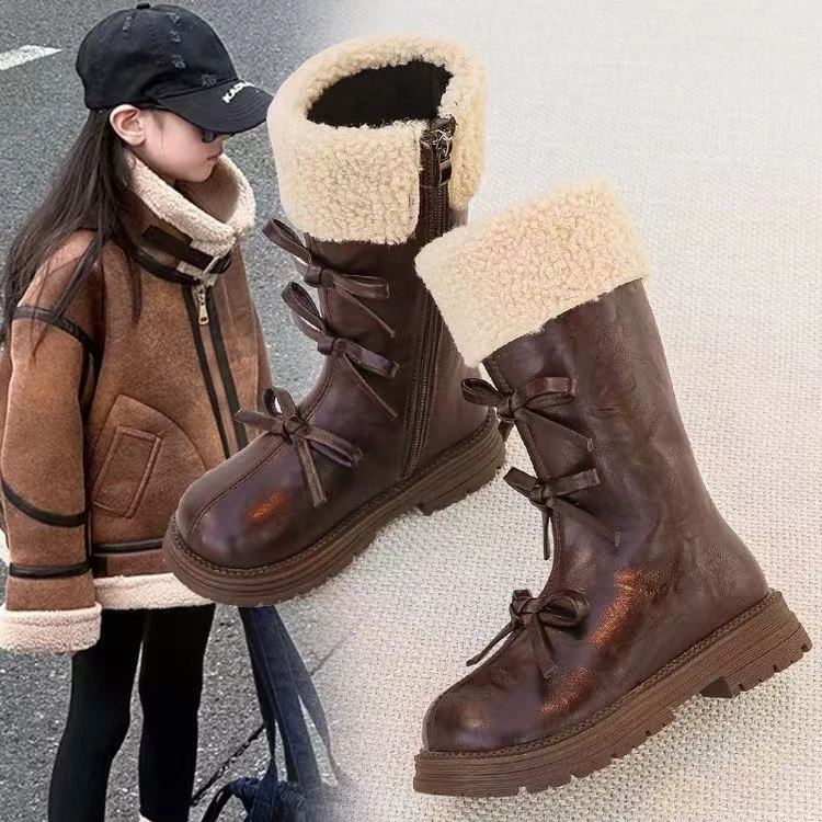 女童儿童长筒靴2024冬季新款高筒皮靴公主风加绒时装靴K6619